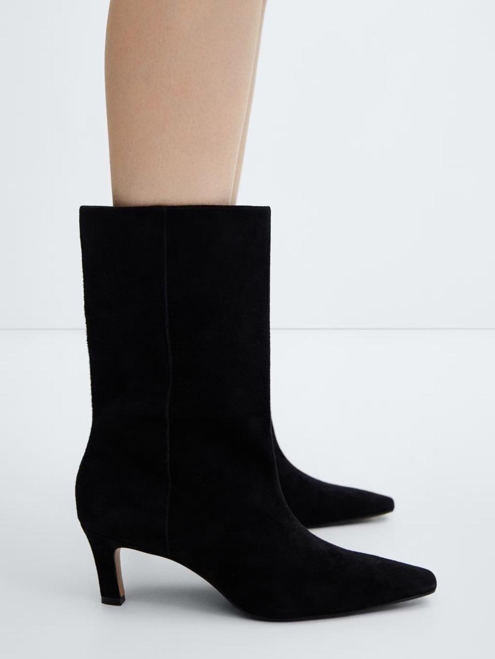 Mango Black Suede Mid-Calf Pointed-Toe Kitten Heel Boots